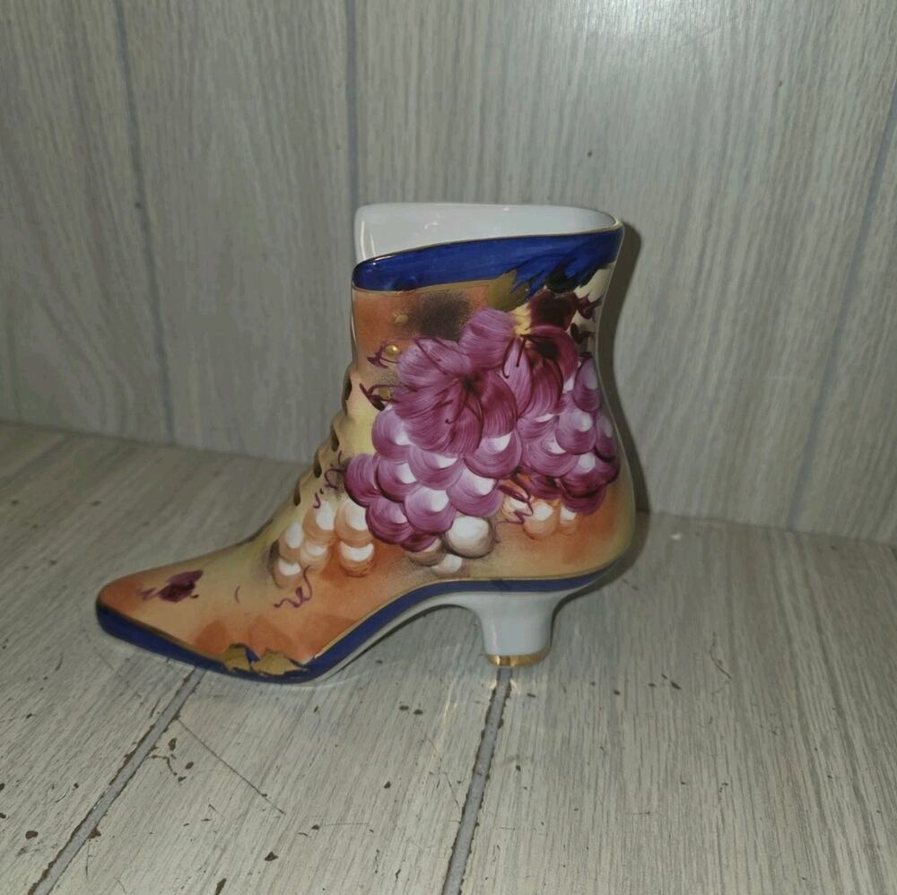 Vtg LIMOGES CHINA Cobalt Blue Gold Trim Grapes Rose High Granny Boot Shoe